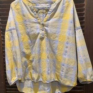 Prana Blue and Tan Puff Sleeve Blouse